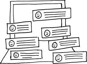 Line drawing of a laptop with contact cards surrounding itHubSpot CMS Hub- Best CMS - CRM