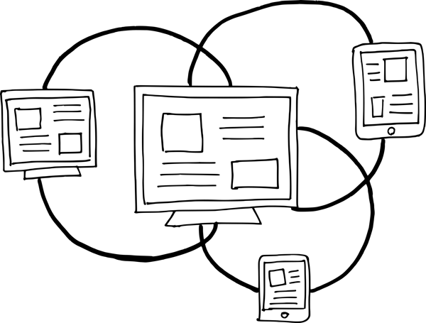 A line drawing of a computer surrounded by mobile and ipads surrounding  it -HubSpot CMS Hub- Best CMS - manage brand at scale
